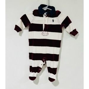Ralph Lauren Baby Striped Rugby Onesie in Burgundy and White